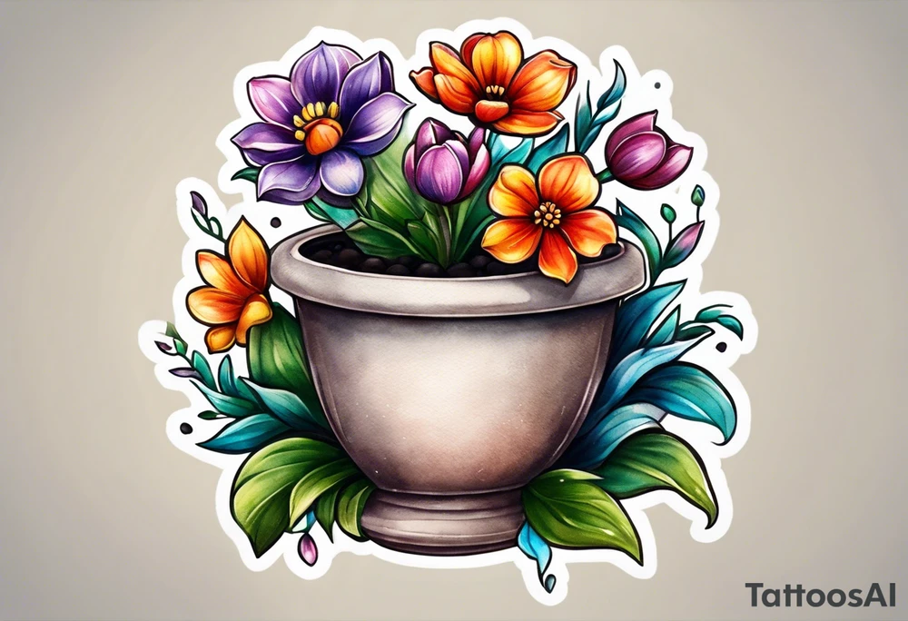 I would like a tattoo of a small-sized flower pot. Coming out of the flower pot should be a flower that has not bloomed yet, but is getting close to blooming. tattoo idea