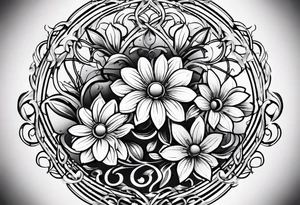 flower tattoo that says “no rain no flowers” and is circular with flowers and leaves trailing from the circle tattoo idea