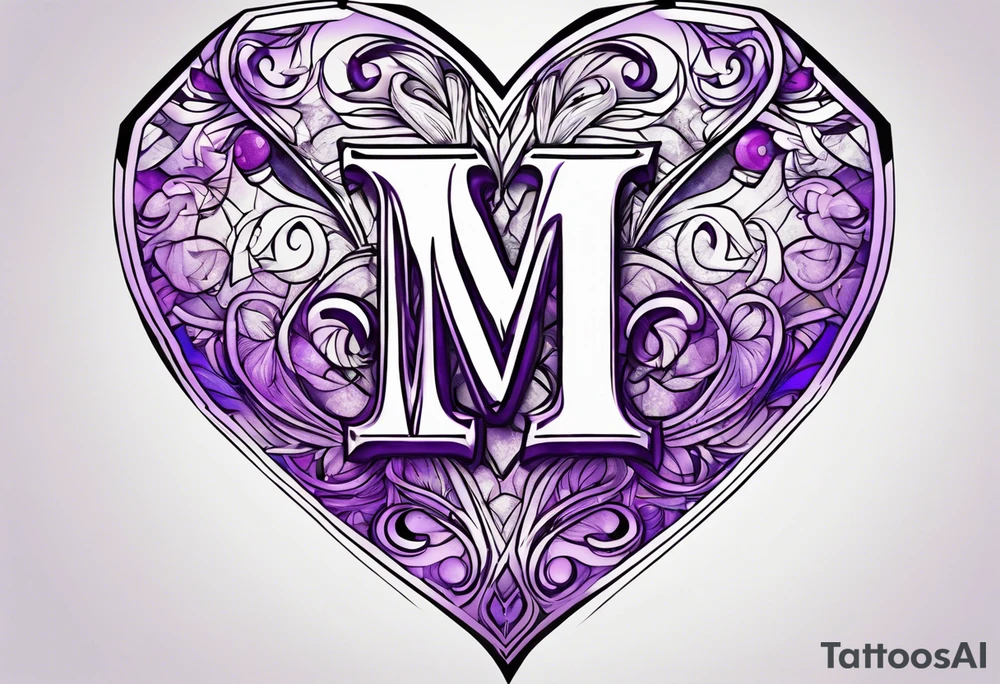 Letter M, cross, heart, purple tattoo idea