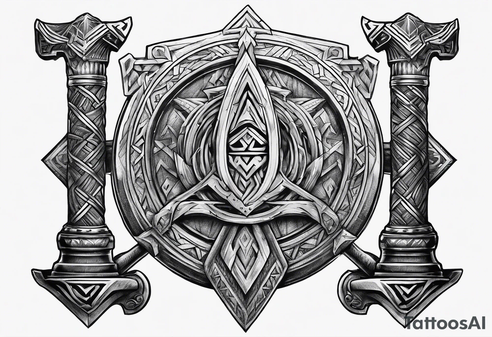 Valhalla  sword shield axe Valknut fog tattoo idea