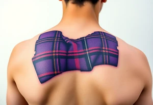 Purple tartan fabric on shoulder with skin ripping back to reveal tartan underneath tattoo idea