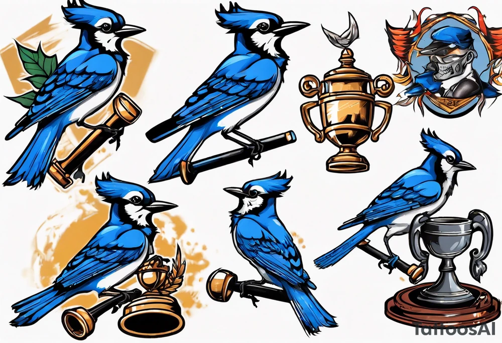 mean looking bluejay holding a trophy tattoo idea