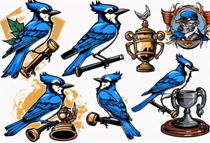 mean looking bluejay holding a trophy tattoo idea
