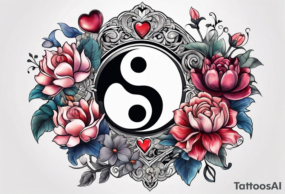 Ying Yang, hearts and flowers with medalla tattoo idea