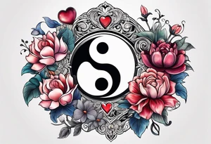 Ying Yang, hearts and flowers with medalla tattoo idea