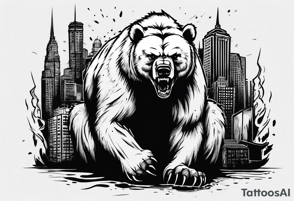 Angry bear coming up behind a city tattoo idea