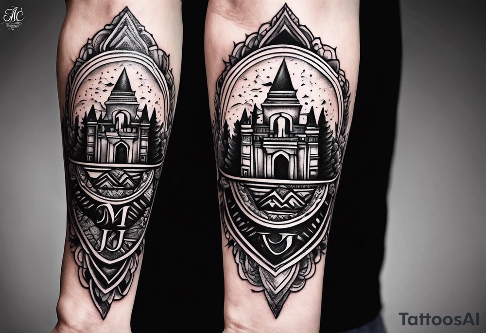 small tattoo on the forearm with the initials MLJ, date of birth 22/09/22 in the style of a moluccan tattoo tattoo idea