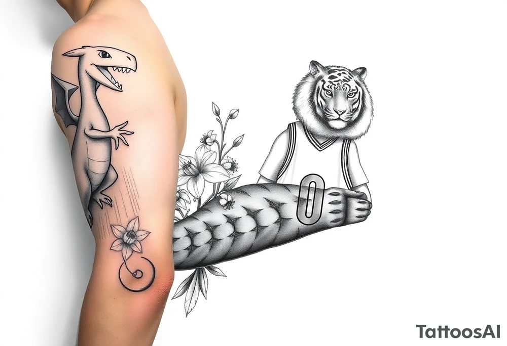 Create an arm tattoo from elbow to shoulder that includes the pokemon charizard, 1 lily of the valley with 3 daffodils, a tiger, and a basketball jersey with the number 0. tattoo idea