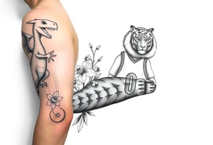 Create an arm tattoo from elbow to shoulder that includes the pokemon charizard, 1 lily of the valley with 3 daffodils, a tiger, and a basketball jersey with the number 0. tattoo idea