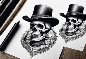 Skull with western hat, sitting on hour glass tattoo idea