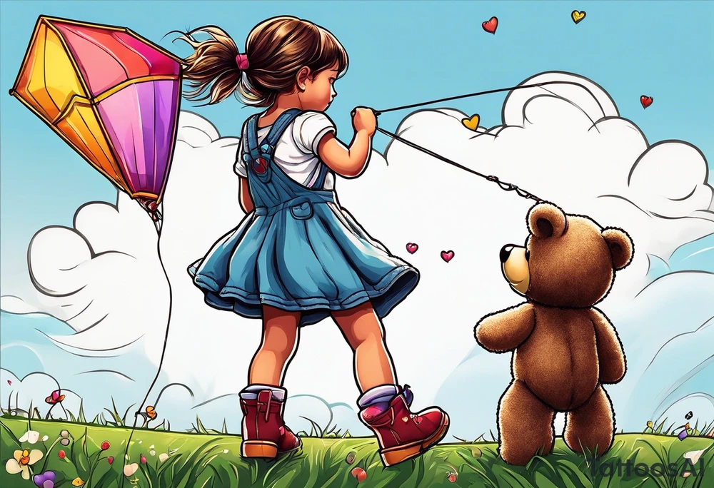 back image of a little girl in a dress, flying a kite and a teddy bear in overalls, standing beside her tattoo idea