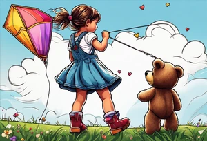 back image of a little girl in a dress, flying a kite and a teddy bear in overalls, standing beside her tattoo idea