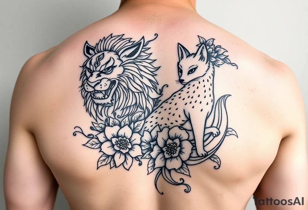 sleeve tattoo, black and white, lion and nine-tailed fox irezumi style with asian floral designs surrounding them tattoo idea