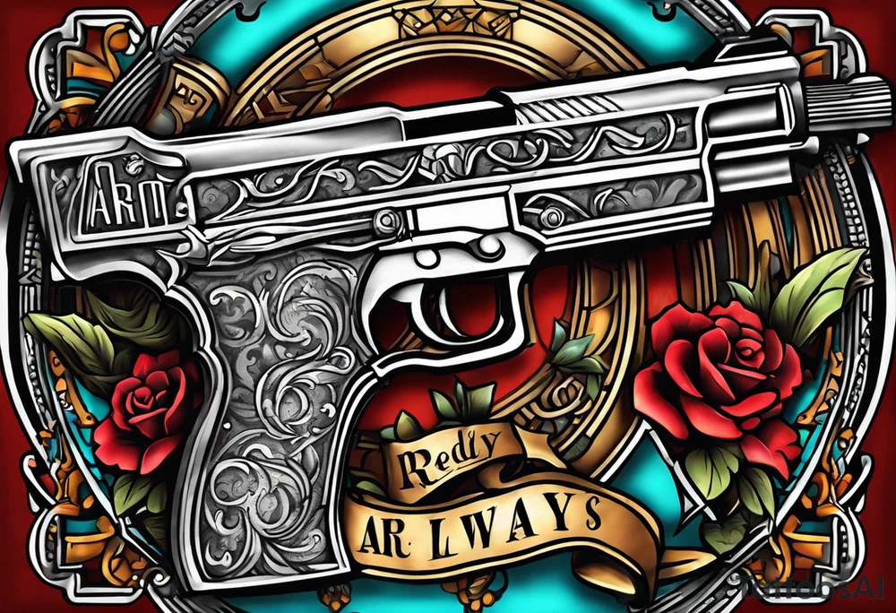 The letters AR with a pistol on each side and the word always on the top and the word ready on the bottom tattoo idea