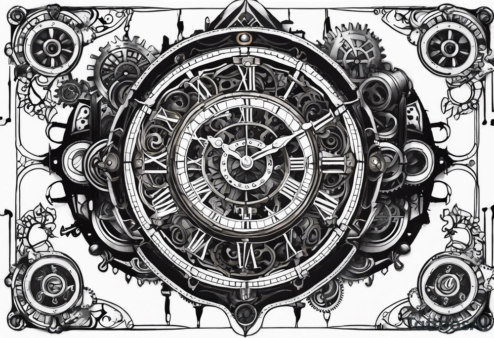 steampunk clock and machine parts tattoo idea