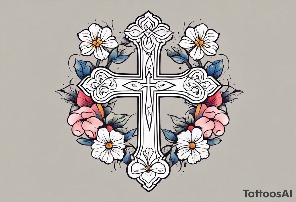 cross surrounded with flowers colorful tattoo idea