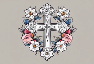 cross surrounded with flowers colorful tattoo idea