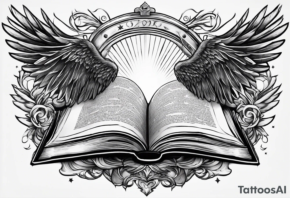 an open book with a sword through it, wings and sparks surrounding the book. tattoo idea