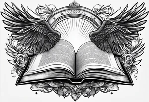 an open book with a sword through it, wings and sparks surrounding the book. tattoo idea