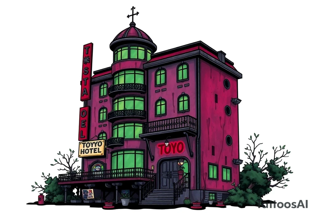 Tim Burton’s Tokyo sex hotel from outside viewis abandoned and dripping with muted reds, dusty pinks, and eerie green glow. tattoo idea tattoo idea
