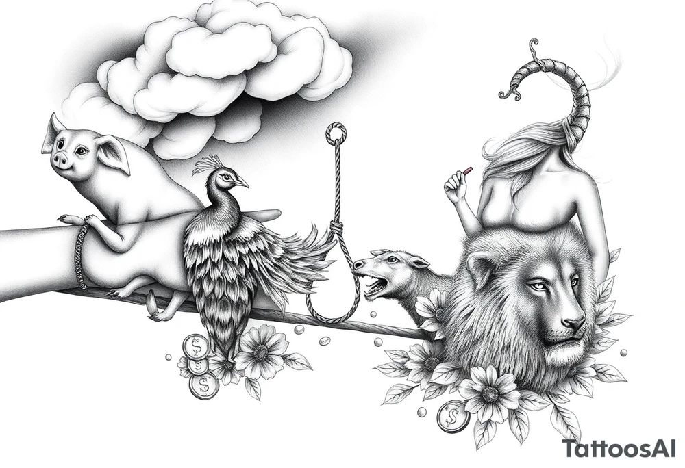 Storm clouds, pig, peacock , fat sexy naked fat woman, cupcakes, noose , money, goat, lion, man and girl having sex, cigerette, drugs, coins, storm lightening, killing, darkness, mirror tattoo idea
