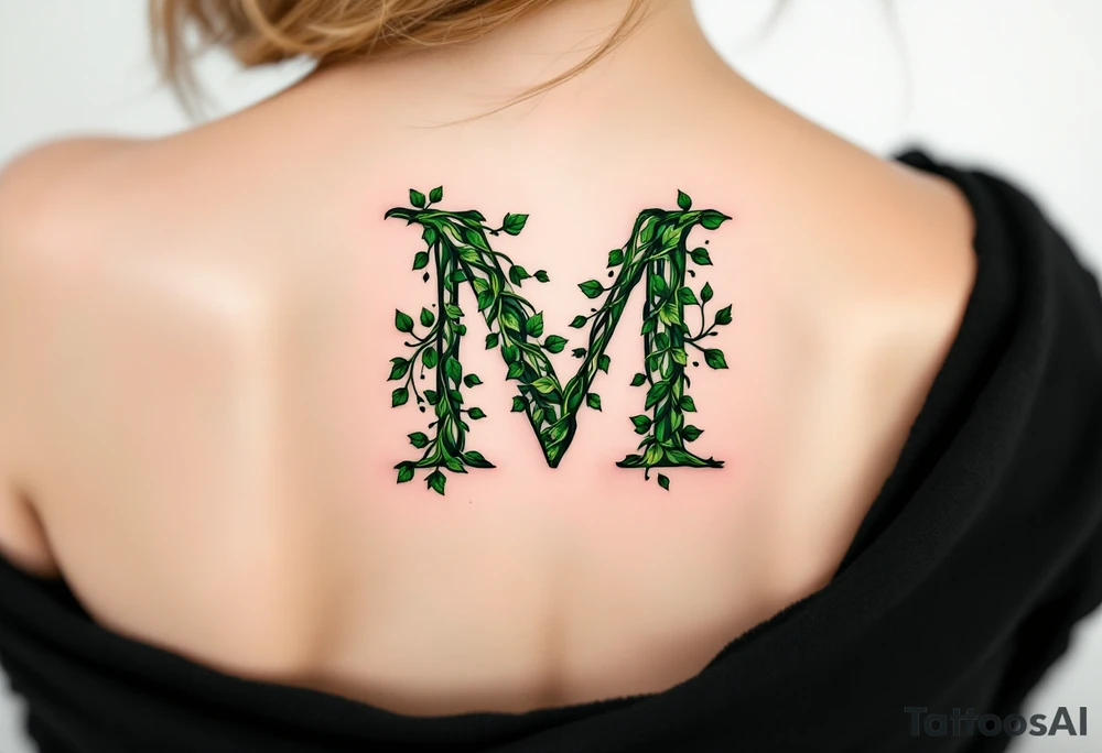 An "M" made of intertwining ivy vines in rich forest green, symbolizing growth. tattoo idea