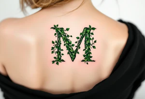 An "M" made of intertwining ivy vines in rich forest green, symbolizing growth. tattoo idea