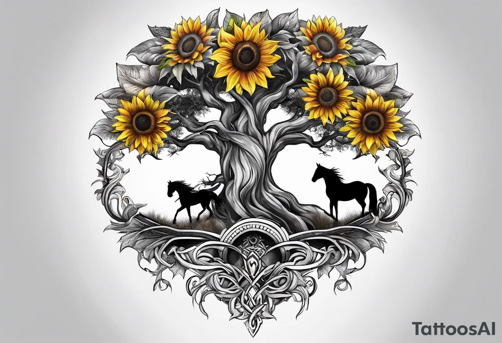 Yggdrasil tree, horse, sunflower tattoo idea