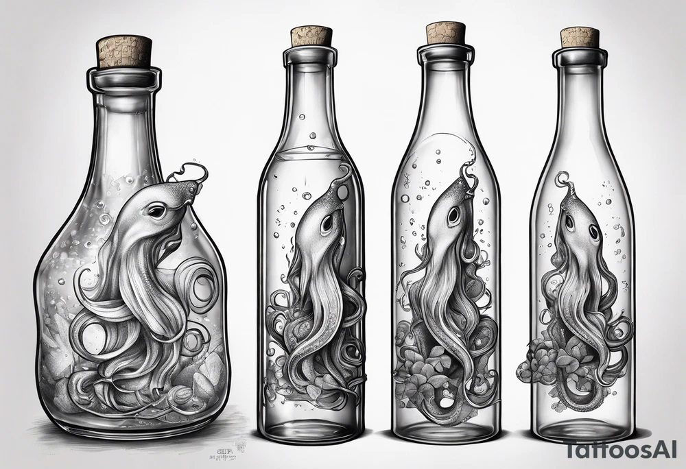 A squid trapped in a bottle with a cork tattoo idea