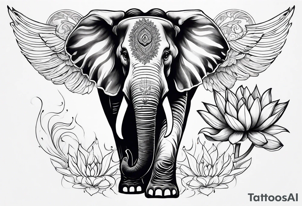 elephant, lotus & flying phoenix. tattoo idea