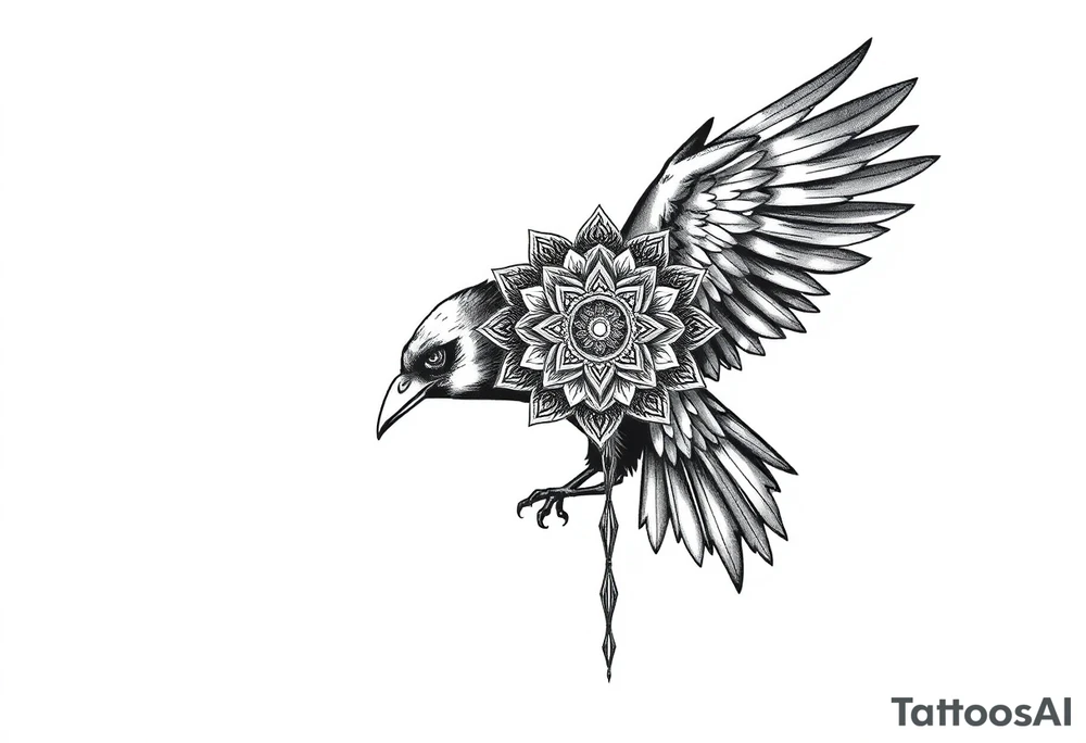 ominouse raven with mandala on its wings tattoo idea