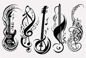 Design a vertical tattoo that captures the essence of my love for music, incorporating flowing musical notes and instrument elements, suitable for placement on the back of the forearm tattoo idea