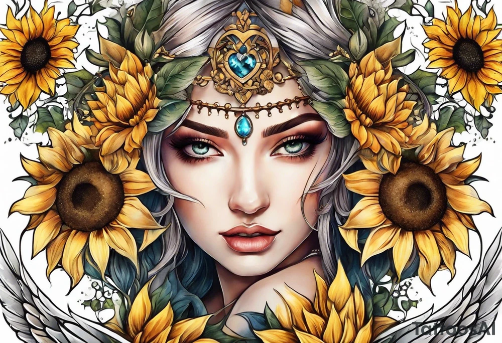 Sunflowers and angel wings leg sleeve tattoo idea