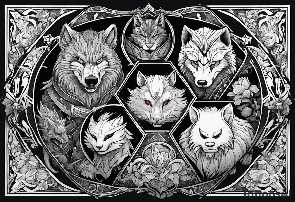 a super hero team which is combination of animals.
One is Badger/Wolverine One is Bull One is Wolf One is Axolotl One is Canary One is Lizard One is Cat tattoo idea