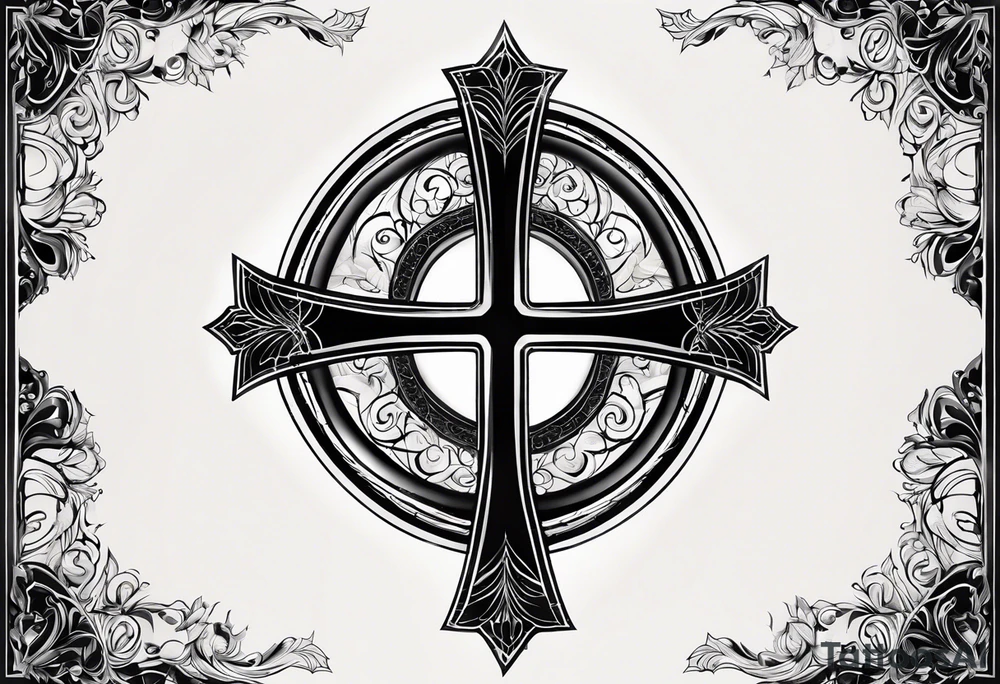 Tattoo: A refined cross with a soft halo on top of it, symbolizing light and spirituality. Delicate rays extend outward from the halo, adding a subtle glow and depth. The cross itself is simple and elegant, with potential for small, intricate line details within the design. tattoo idea