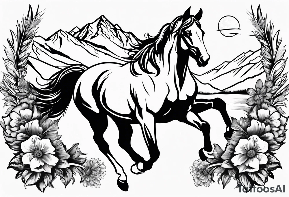 bucking horse, mountains background, feather, flowers, western tattoo idea