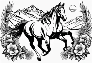 bucking horse, mountains background, feather, flowers, western tattoo idea