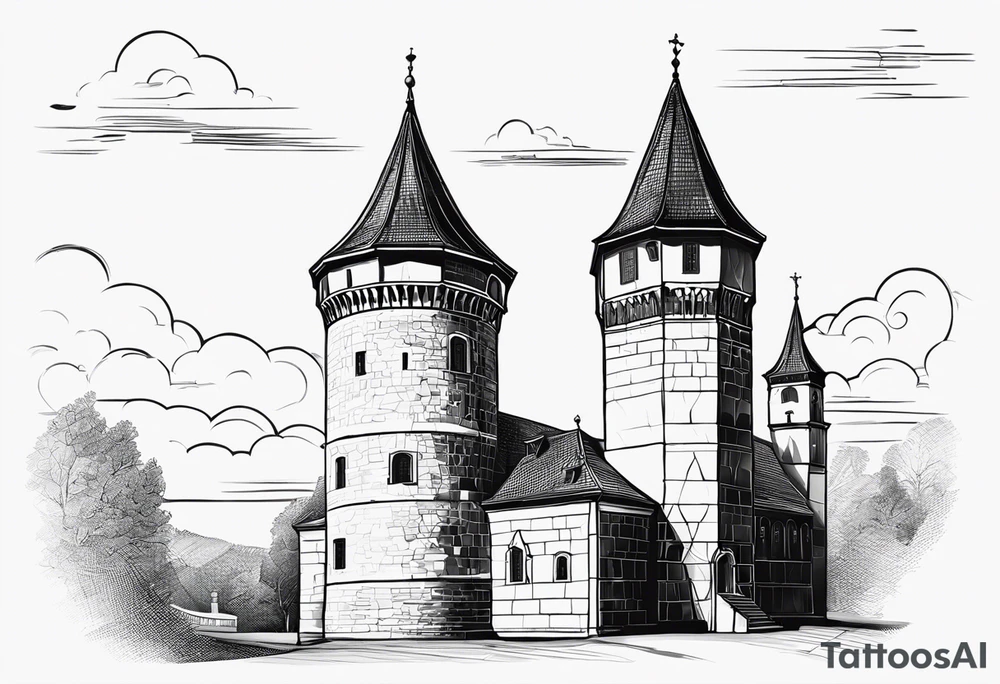 picture of Varaždin tower
with the names vesna and ivo under it tattoo idea