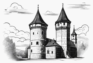 picture of Varaždin tower
with the names vesna and ivo under it tattoo idea