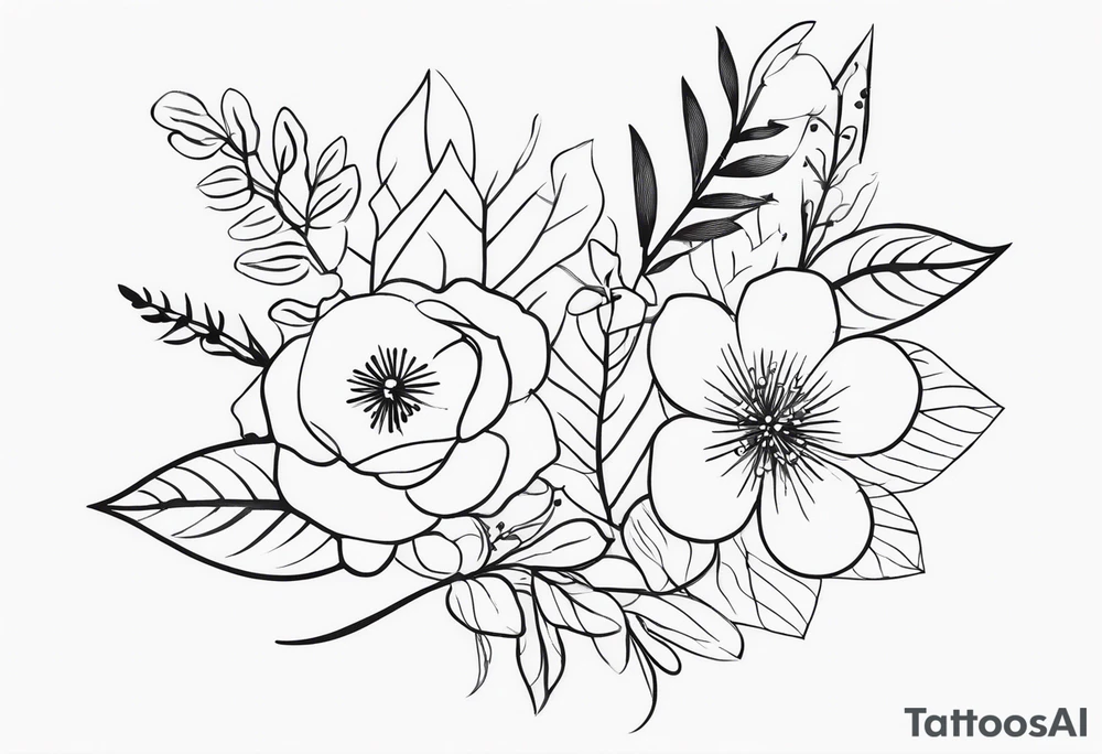Design a minimalist tattoo featuring a combination of small flowers and leaves, arranged in a graceful, flowing pattern tattoo idea