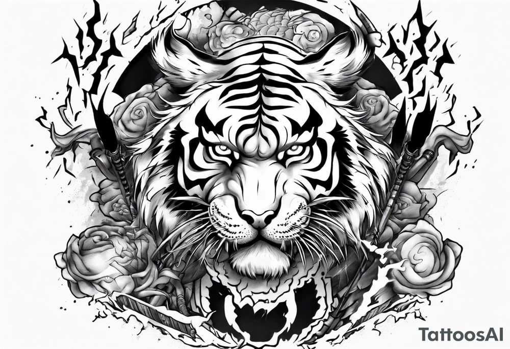 Tiger warrior with lightning and the sun for a forearm sleeve tattoo idea