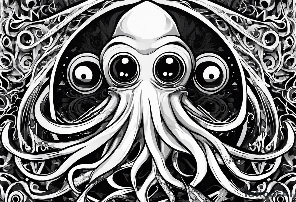 The equivalent of a horror and bizarre squid avatar. twisting and intersecting lines, making it look very wild and chaotic. The eyes of the squid are particularly prominent, one of them is white and the other is black, the overall expression is crazy and intense, with some distressed or damaged texture effects.

Able to change the color of the body and hide in the black sea tattoo idea