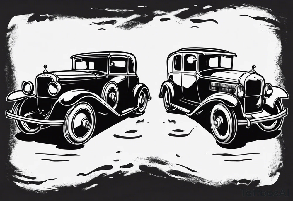Two old vintage cars facing each other tattoo idea