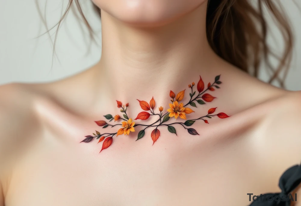 Two separate collarbone tattoos of long, stems and branches covered with red, orange, yellow and dark forest green leaves and flowers, fall themed, muted, delicate and gentle but moody, long and thin, following the collarbone. More muted, not so bright, darker colors tattoo idea