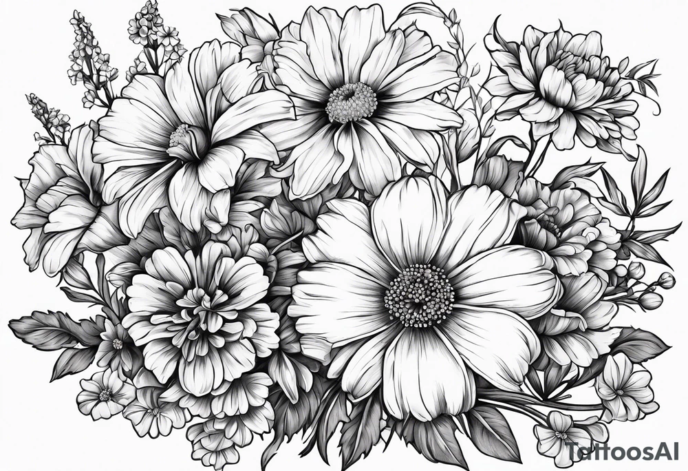 Small sketched bouquet of flowers larkspur carnation violet daisy all flowers with stem tie with bow at bottom tattoo idea