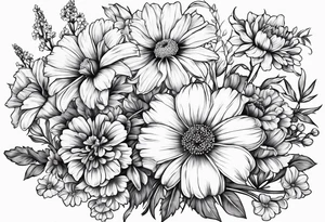 Small sketched bouquet of flowers larkspur carnation violet daisy all flowers with stem tie with bow at bottom tattoo idea