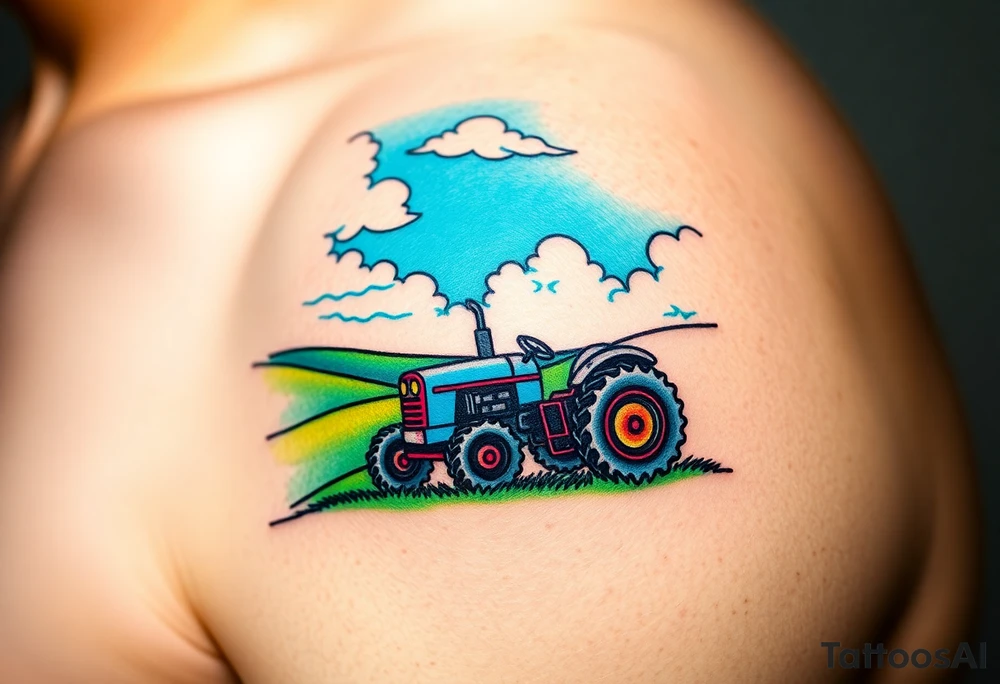 A tractor surrounded by rolling green hills, under a bright blue sky with white fluffy clouds tattoo idea