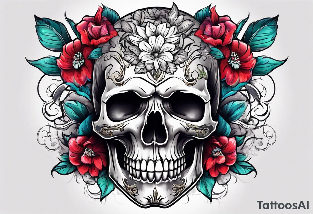 skull with flowers growing on it tattoo idea