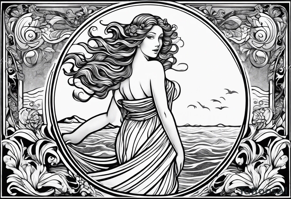Goddess Venus full body standing in ocean tattoo idea