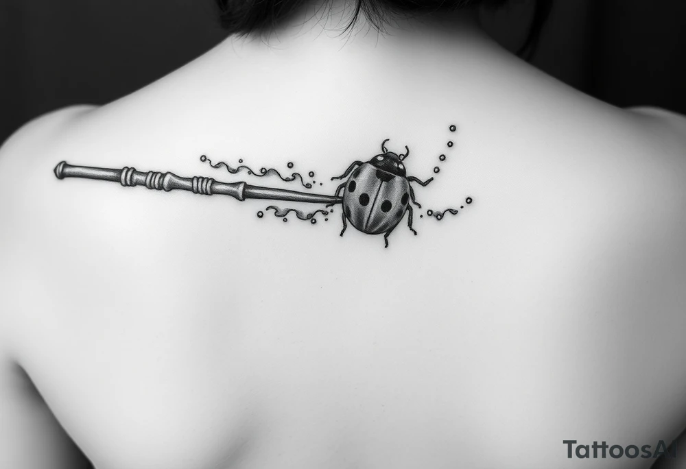 A ladybug getting out of hermione's magic wand like it was a spell. Magic dust all around the wand that looks almost smoky. I also want some small details around it that would make a piggyback on harry potter's movie like harry's glasses, a lightning, the golden snitch, etc... tattoo idea